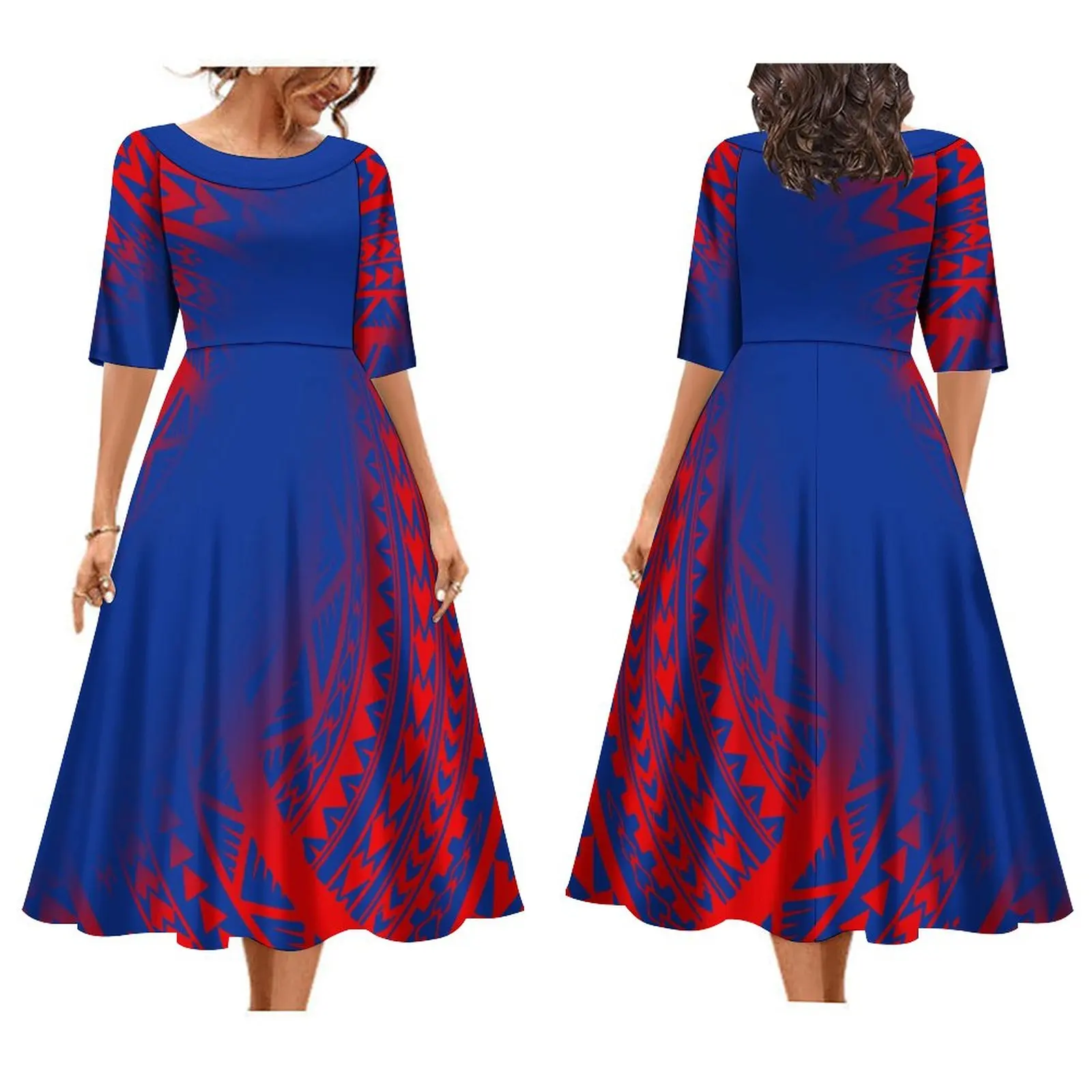 

Summer Short Sleeve Ladies Long Skirt Puffy Hemline Vintage Design Pattern Print High Quality Banquet Dress Polynesian Custom