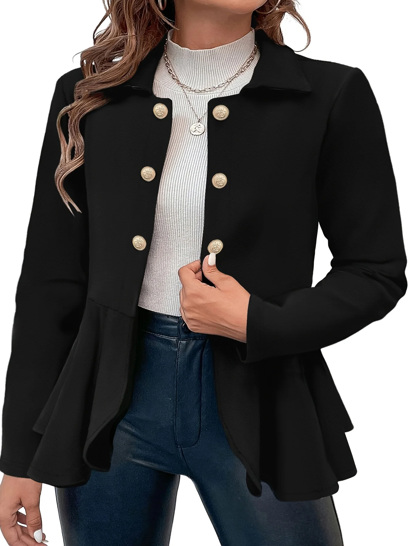 

Elegant directional plus size lapel rolled sleeve suit jacket for daily commuting style. Elegant plus size solid color ruffled