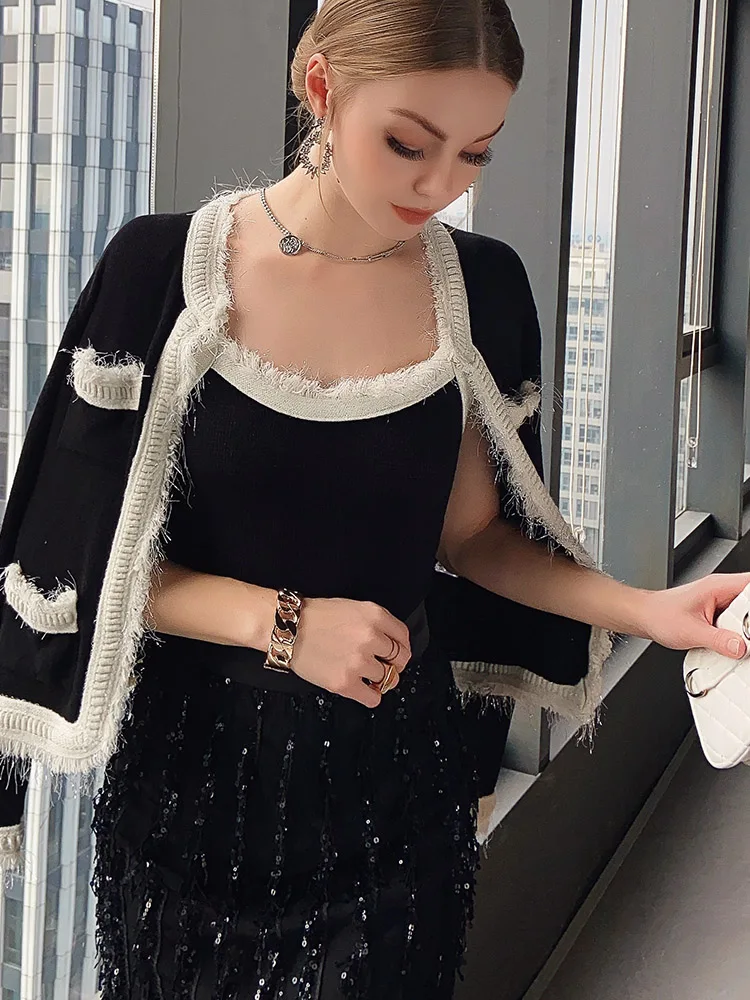 Dabuwawa Spring Autumn Women Trend Vintage Tassel Halter Vest Knitted Long Sleeve Cardigan Sweater DM1AZK018