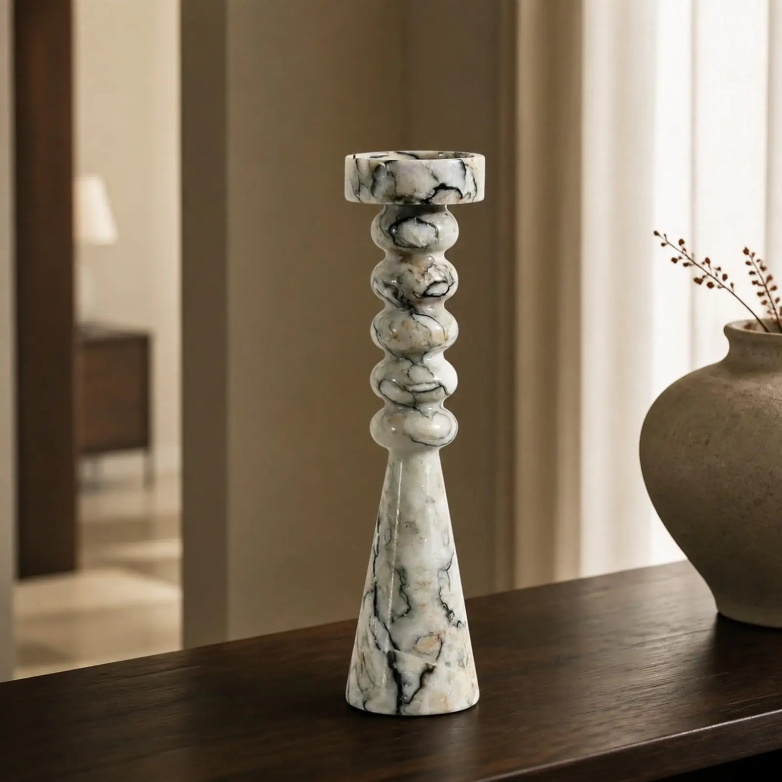 Marble Pedestal Candle Holder for Block Candles with Rounded Details Smooth Finish Elegant Decor for Dining Room Table