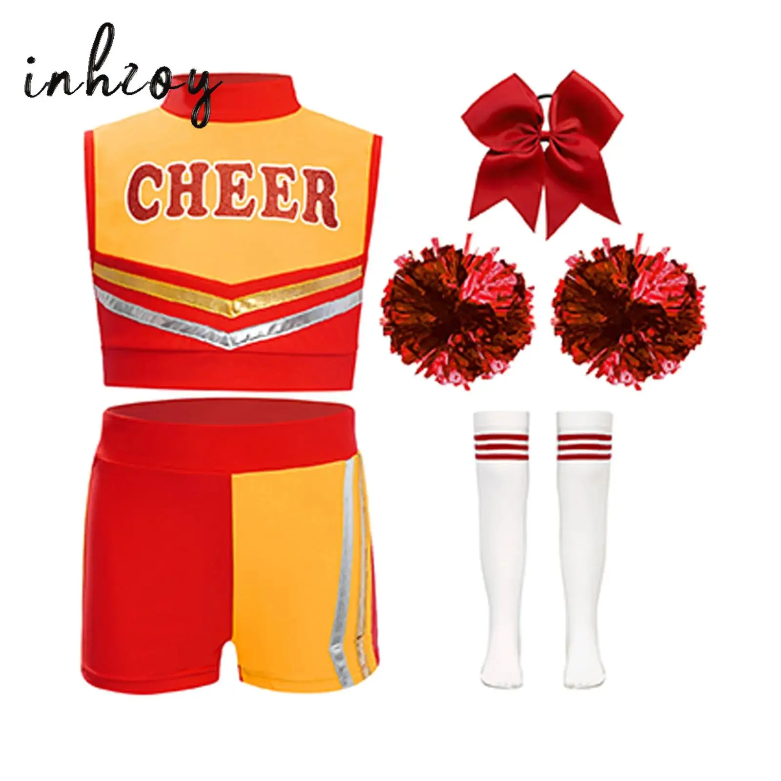 

Kids Girls Cheerleading Dance Uniform Outfit Letters Printed Color Block Crop Top+Shorts+Headwear+Flower Balls+Socks Streetwear