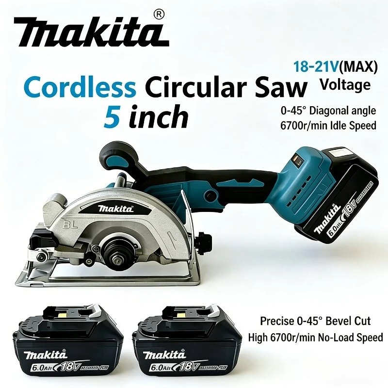 

Аккумуляторная циркулярная пила Makita 5 дюймов с бесщеточным двигателем 18В, ручная, для дерева и камня, регулируемая