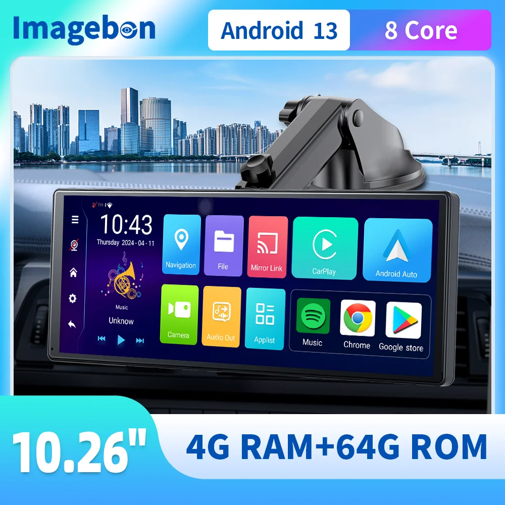 

Imagebon 10.26" 8 Core Android 13 Car Monitor Wireless CarPlay Android Auto Dash Cam FM AUX Bluetooth GPS Navigation AI Voice