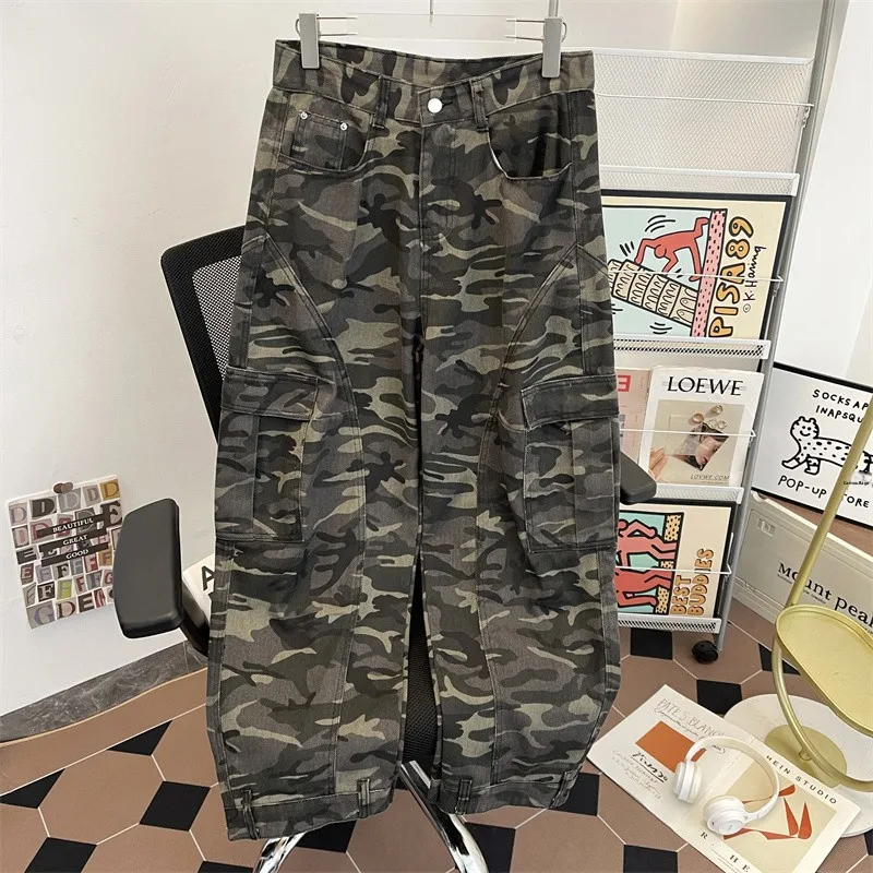 

American Retro Multi-ket Work Pants Men's Straight Leg Waed Reverse Wear Design Sense ape Camouflage Denim Casual Pants