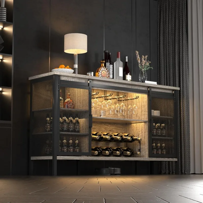 QNICE 55" Sliding Barn Door Wine Bar Cabinet/Industrial Metal Bar Cabinet for Liquor/Farmhouse Bar Cabinet