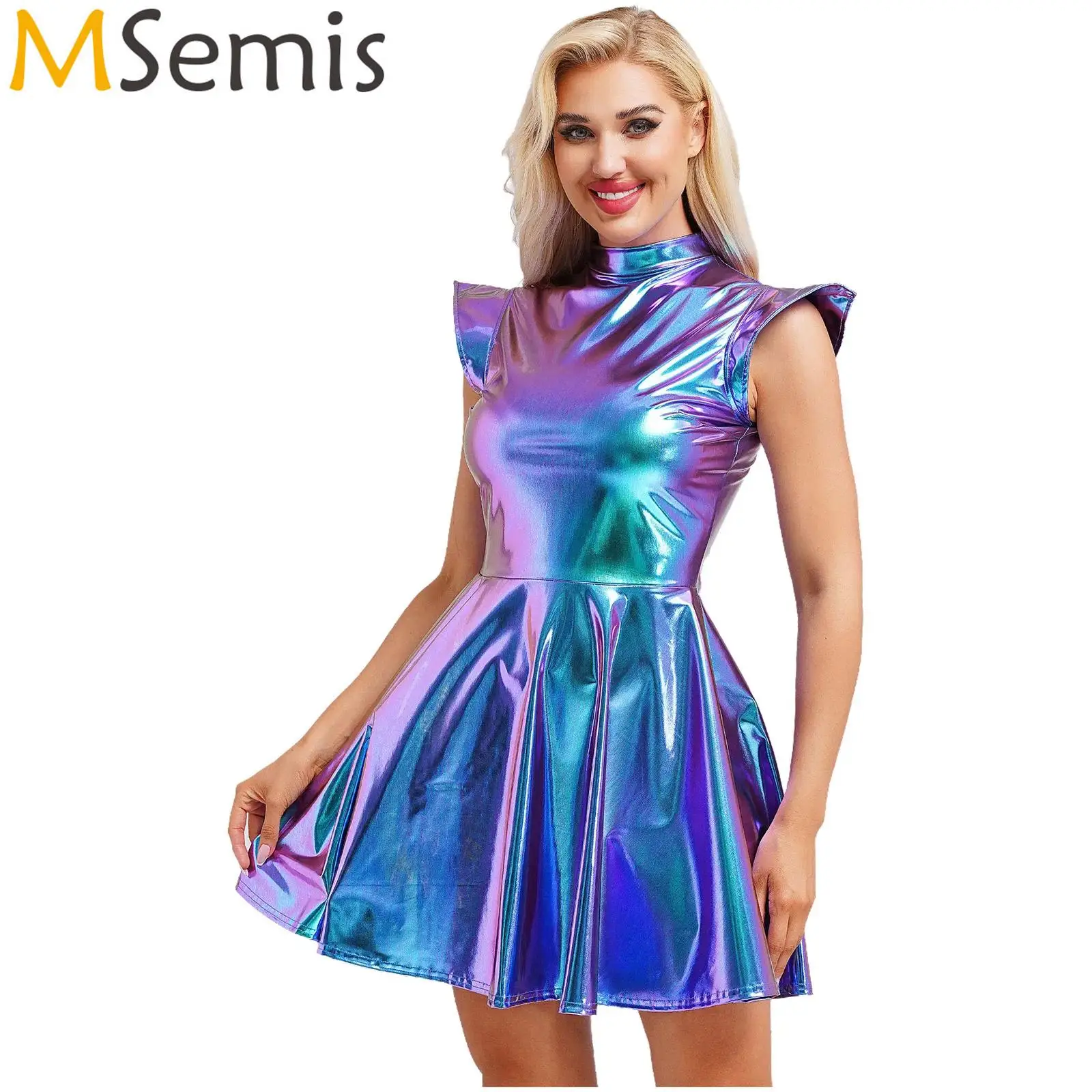 Women Shiny Metallic Dress Mock Neck Cap Sleeve High Waist A-line Dress Modern Pole Dance Rave Party Bar Club Wear Street Wear