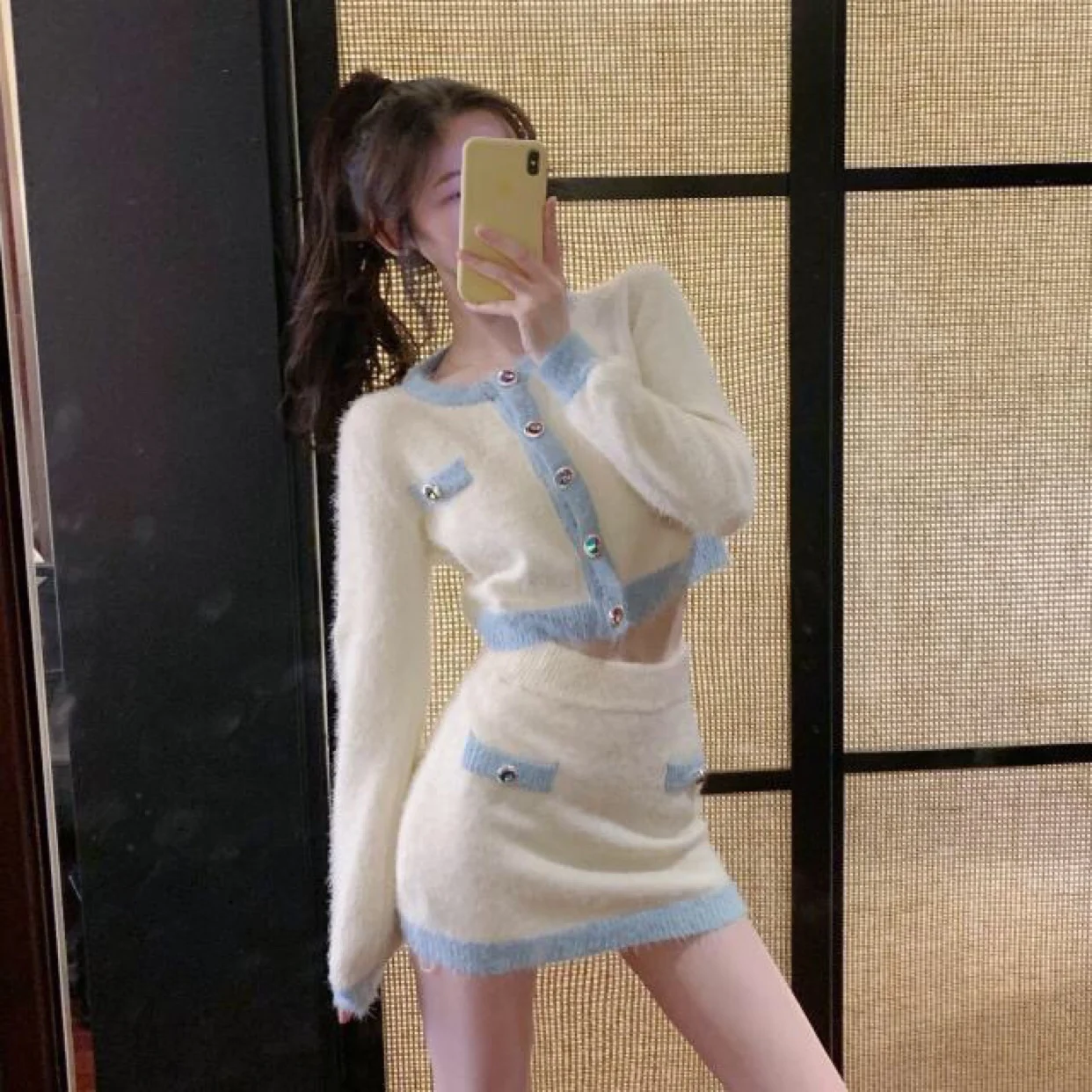 

Short Knitted Open Cardigan And Skirt Two-Piece Set Women's Sweet And Spicy Style Sexy Butt Covering Skirt Autumn Winter...