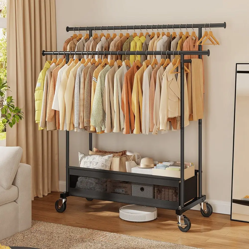 

Double Rod Rolling Clothing Rack With Storage Basket And Heavy Duty Wheels For Bedroom Or Laundry Room, Black