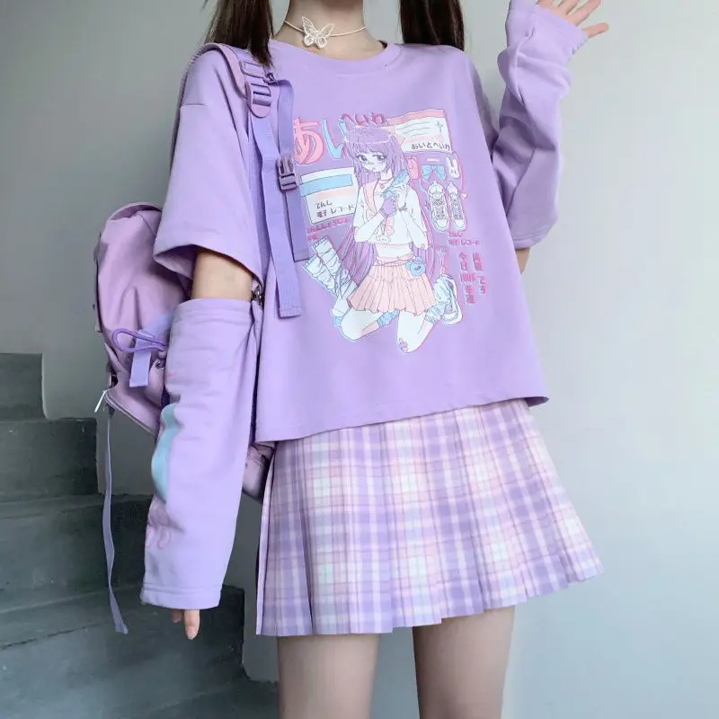 Janpanese Girl Anime Printed T-Shirt Summer Cute Splicing Y2k Tops Women Purple Clothes Two-dimensional Streetwear Kawaii Tees