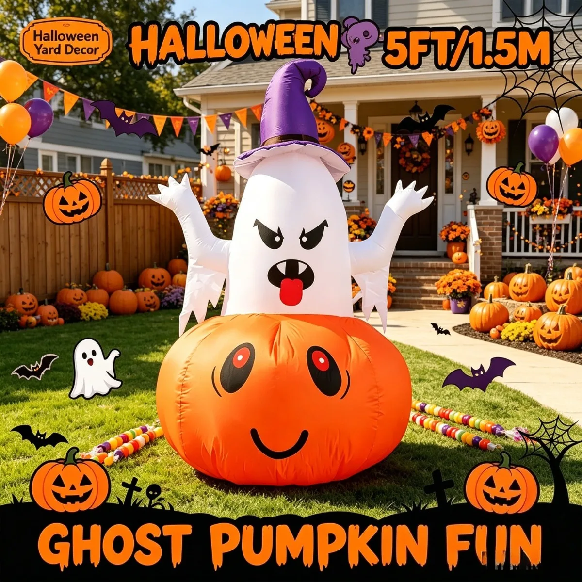 5FT Halloween Inflatable Pumpkin Ghost Combo Decoration with Bright LEDs, Spooky Cute Holiday Festive Lawn Decor
