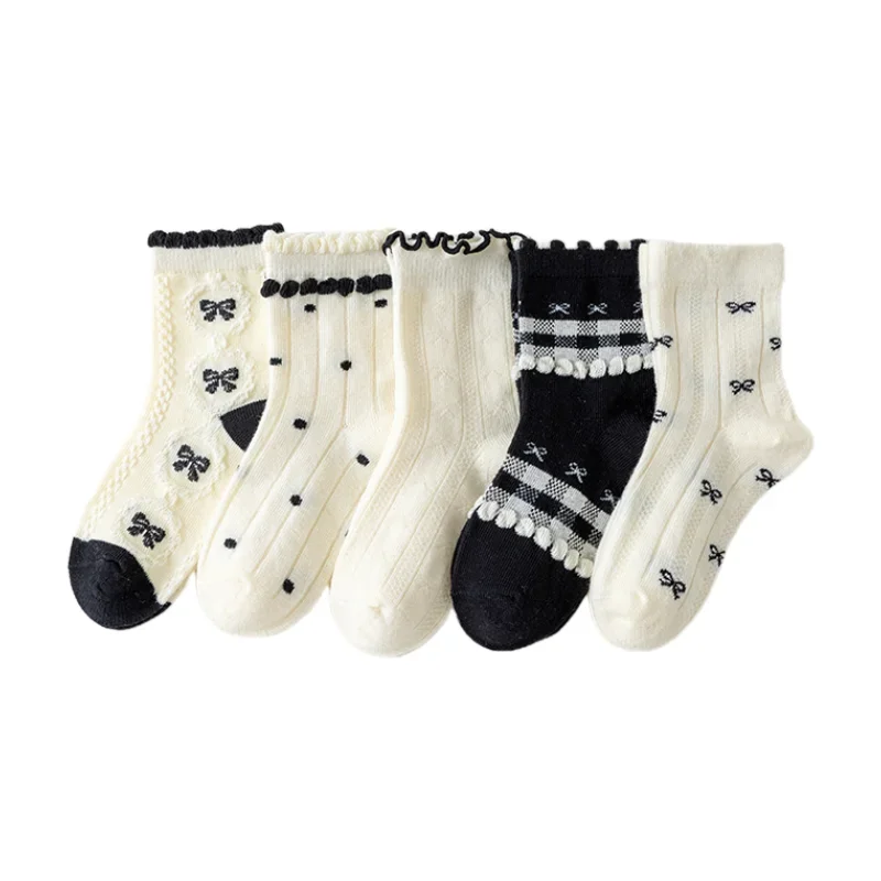 Trendy Cotton Solid Children Girls Lace Socks 5 Pairs Bow Ties Soft Breathable Striped Non-slip Half Princess Socks for Girls image 5
