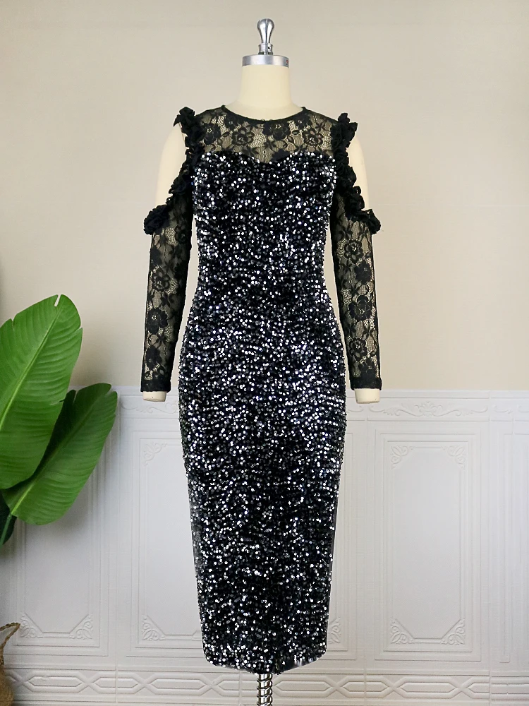 Vintage Zwarte Pailletten Jurk Vrouwen Blote Schouder Kanten Lange Mouw Glitter Prom Dress Luxe Bling Bling Avondjurken Winter