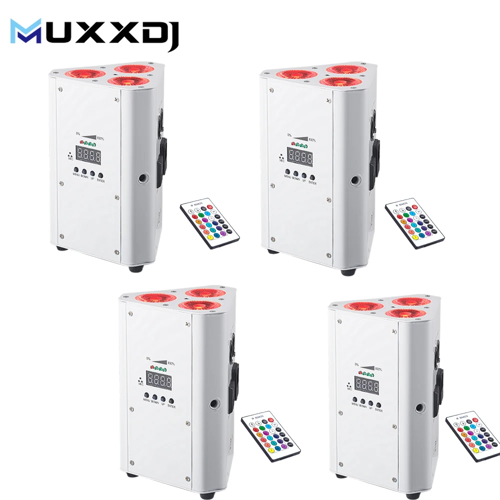 

MUXXDJ 4Pcs RGBAW UV 6in1 Battery Par Light 3X18W Triangle Wash Wall Light DMX512 Wireless Effect Light For Concert Disco Party