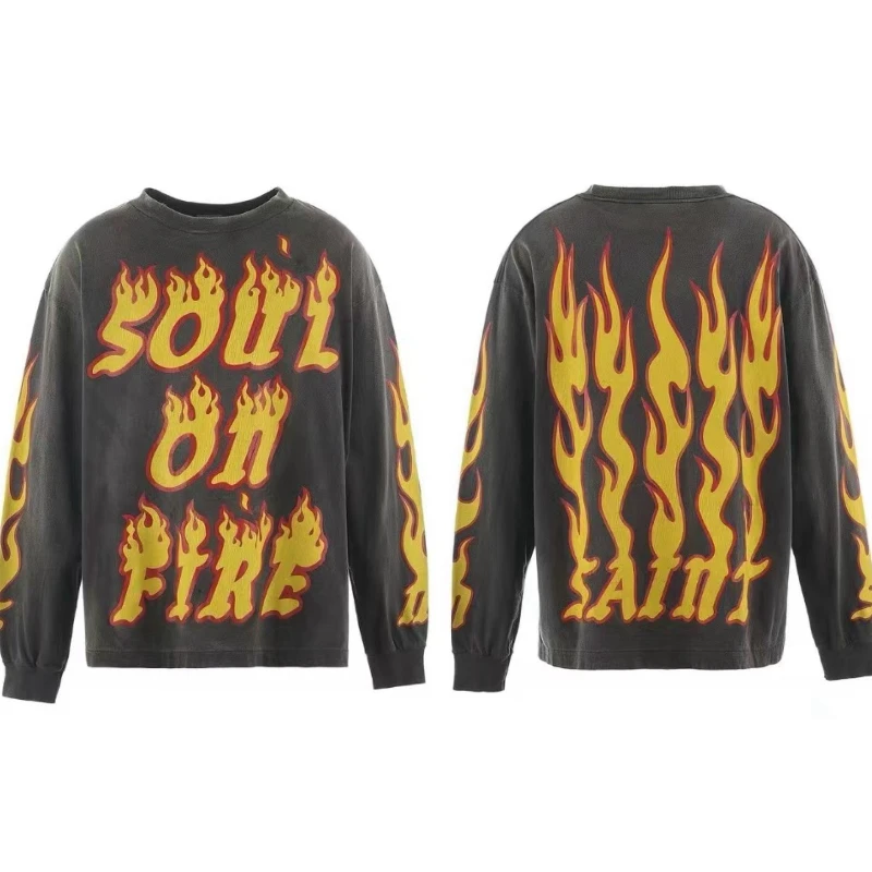 SAINT Top Tee Flame Monogram Print Round Neck Loose Casual Men's Women's Long Sleeve T-shirt