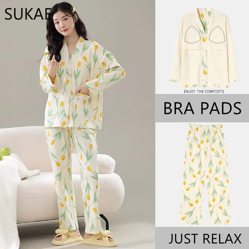 SUKAE Spring New Chest Padded Women Sleepwear Casual Kimono V-neck Long Sleeve Cardigan Mujer Floral Pajama Set M-3XL Loungewear