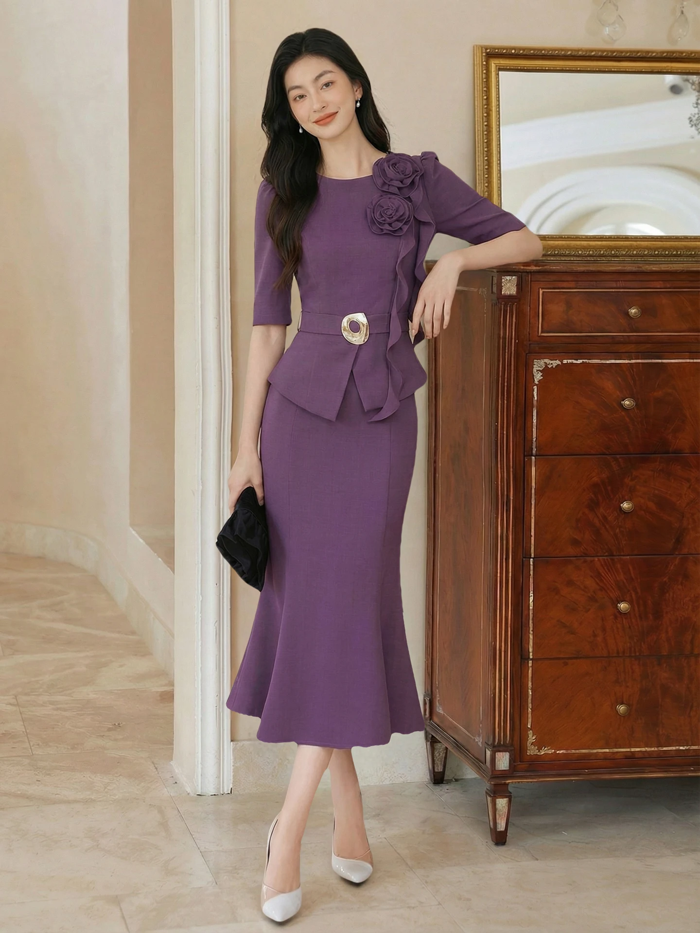 

Romance Original High-End Purple Five-Quarter Sleeve Waist-Cinched Fish Tail Skirt Set Women's Summer Elegant Fashion Set