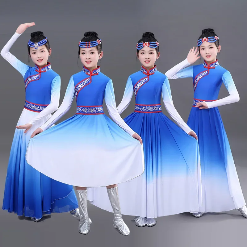 

Children Mongolian Dance Dress Chinese Traditional Folk Practice Skirt Girl National Style Tibetan Ancient Ethnic DanceWear