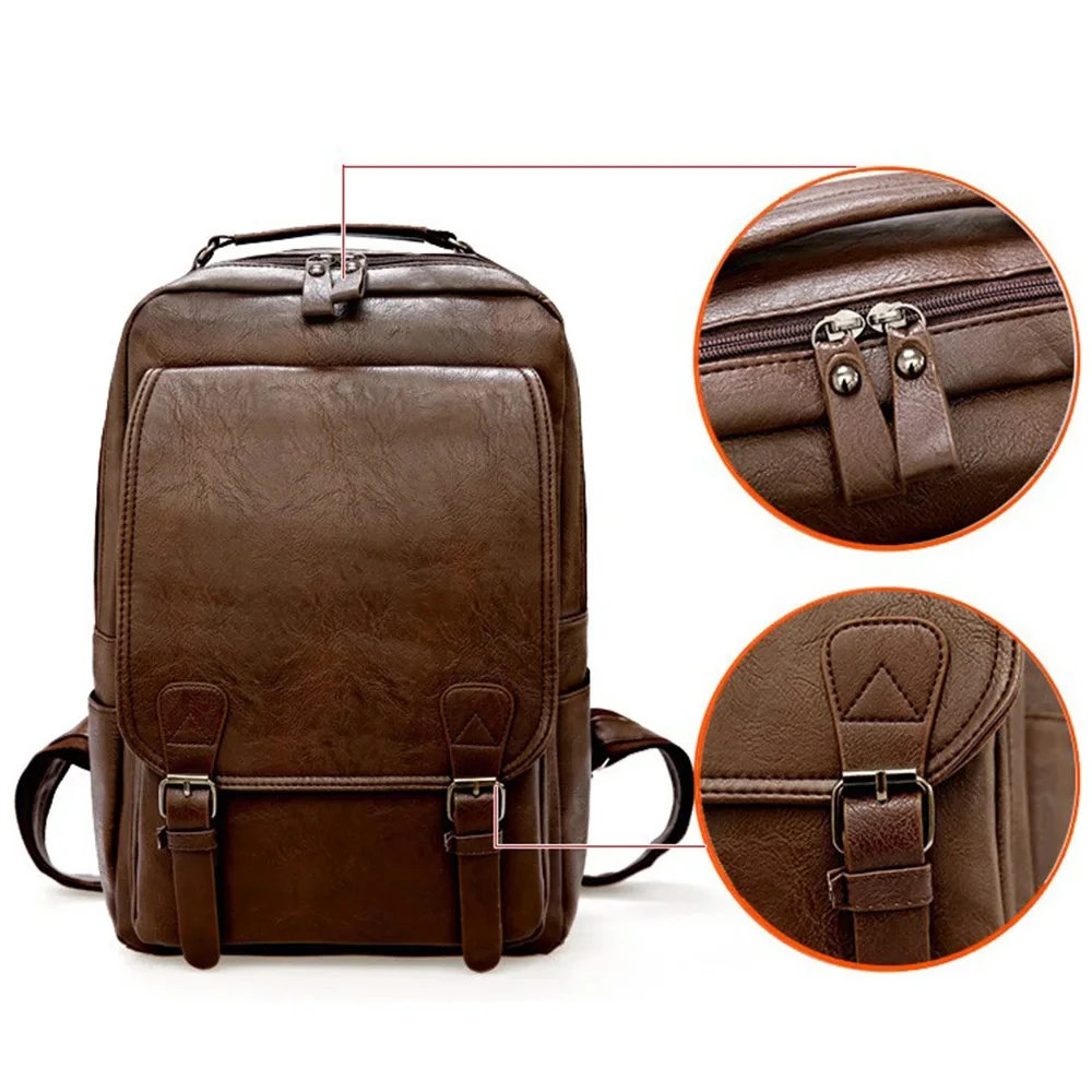 Large Capacity Laptop Backpack Men Casual Fashion Bags For Men Retro Zipper PU Leather Backpacks Male Travel Waterproof Bag Man