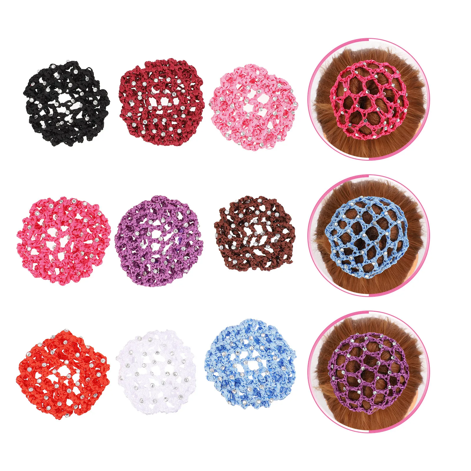 

9Pcs Ladies Bun Cover Rhinestone Hair Snood Net Easy Clean Portable Sturdy Creative Delicate Hair Accessory for Women