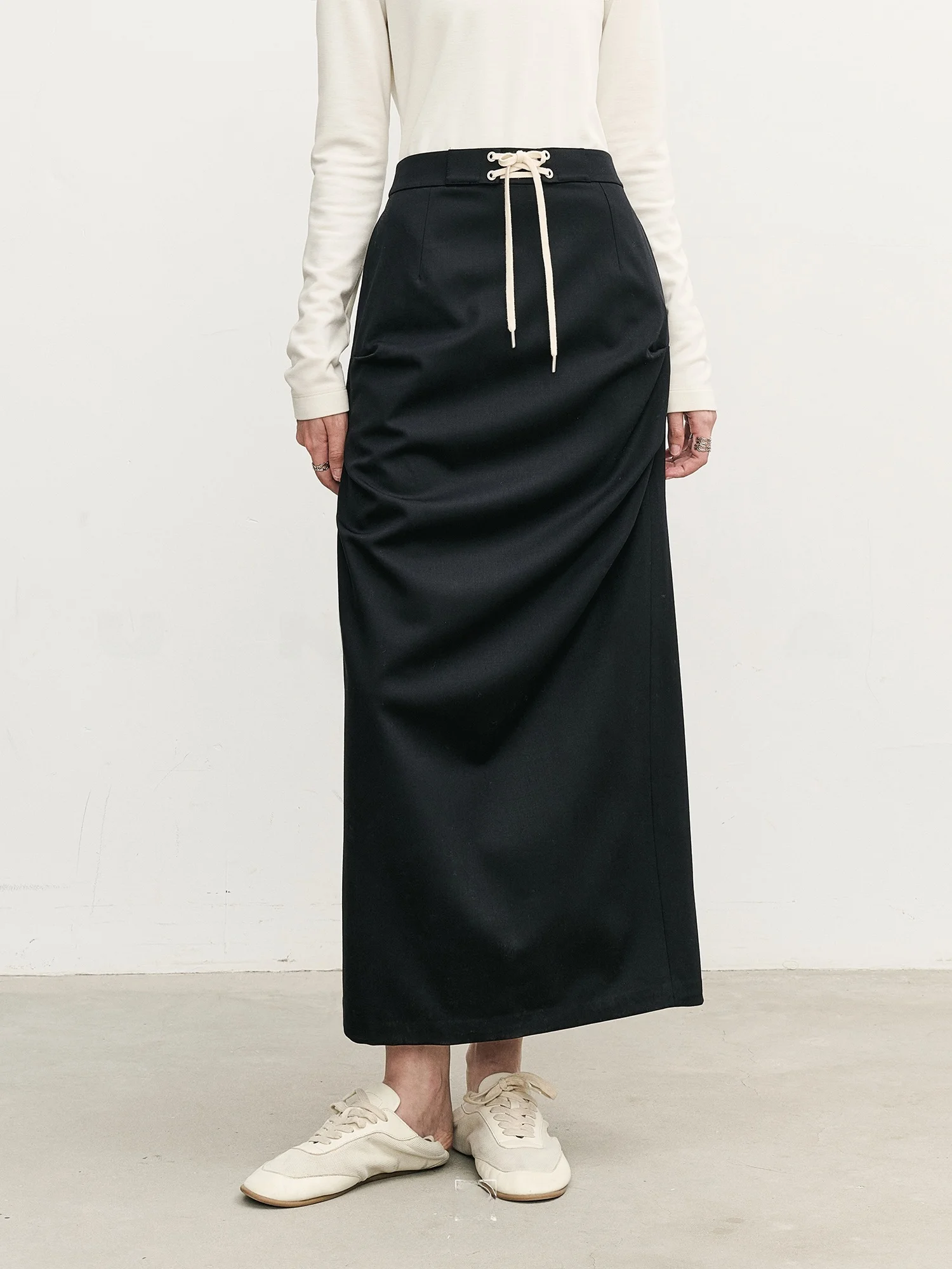 

A INS ular Slimming Pleated Design Straight Cut Side Pleat Structure Midi Skirt A-Line Pure Color Versatile mid Waist
