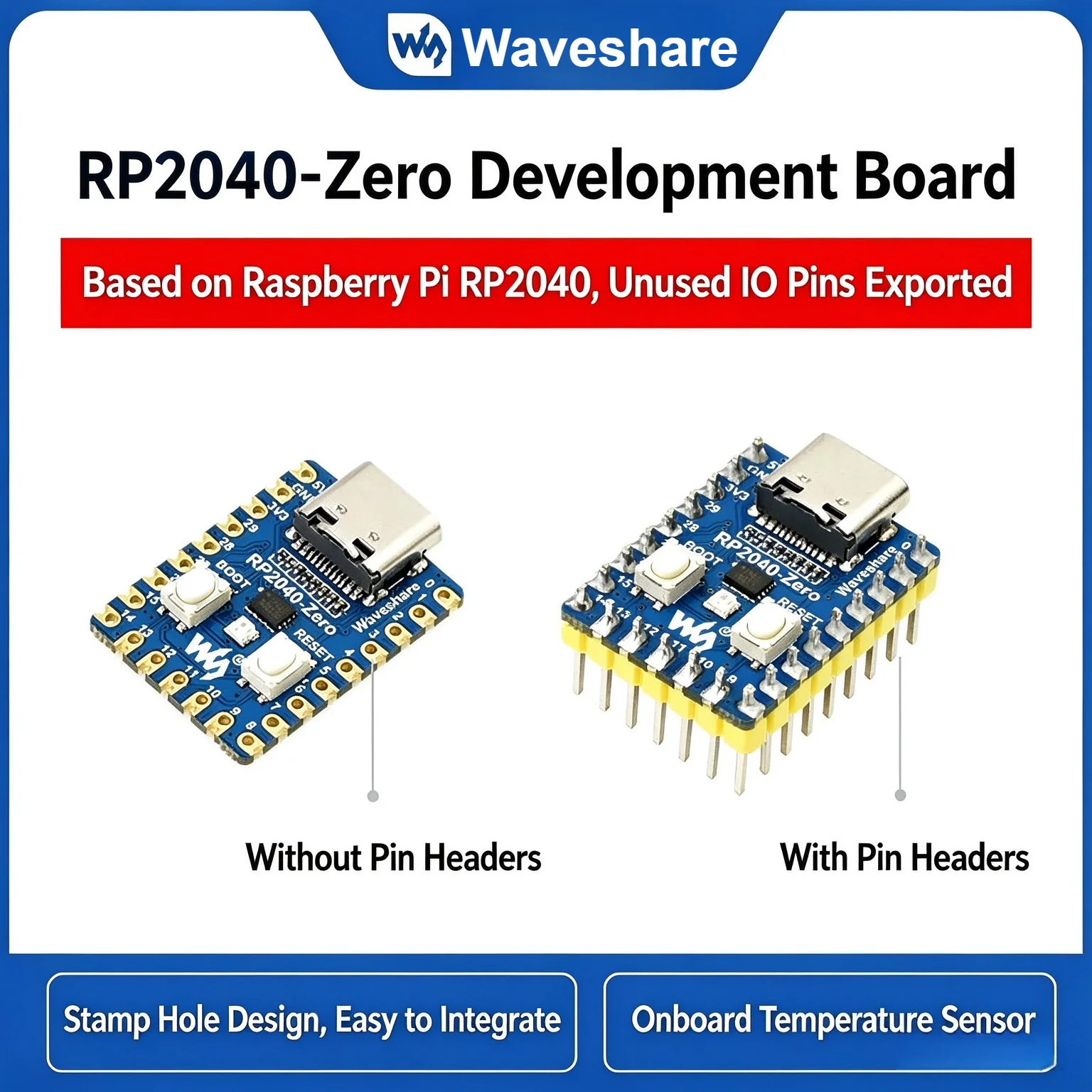 Waveshare RP2040-Zero Microcontroller PICO Development Board, Dual-Core Processor, Raspberry Pi Compatible, with Pin Headers
