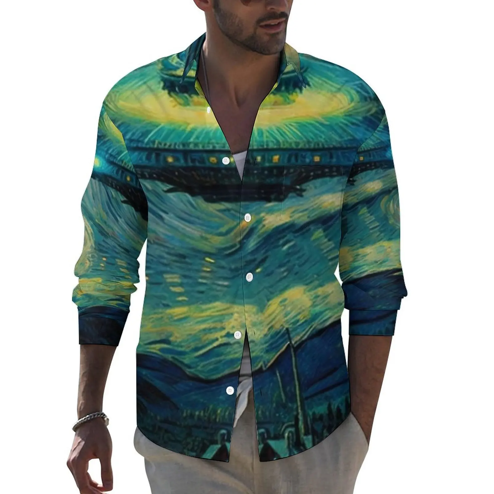 Starry Night Print Casual Shirts Male Vincent Van Gogh Shirt Long Sleeve Cool Street Blouses Spring Graphic Clothes Large Size