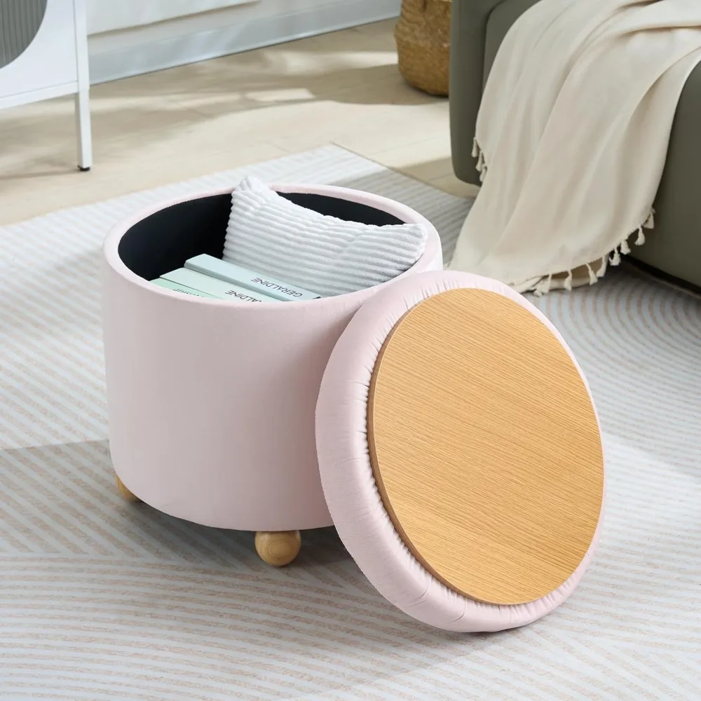

Round Storage Ottoman with Tray, Modern Tufted Fabric Foot Rest Ottoman with Wooden Spherical Feet Round Vanity Stool for Living