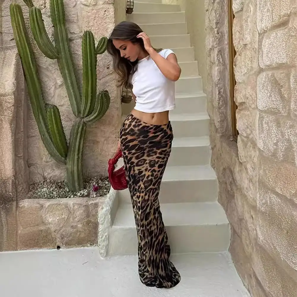 

Zipper Half-opening Skirt Elegant Leopard Print High Waist Fishtail Maxi Skirt for Women Floor Length Party Prom Skirt