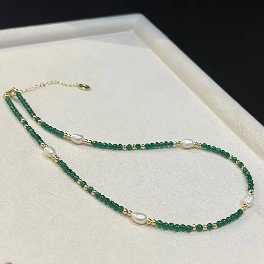 

Original Jewelry Natural Freshwater Pearl & Green crystal 14K Gold Filled Female Beads Chain Necklace For Women No Fade Cheap