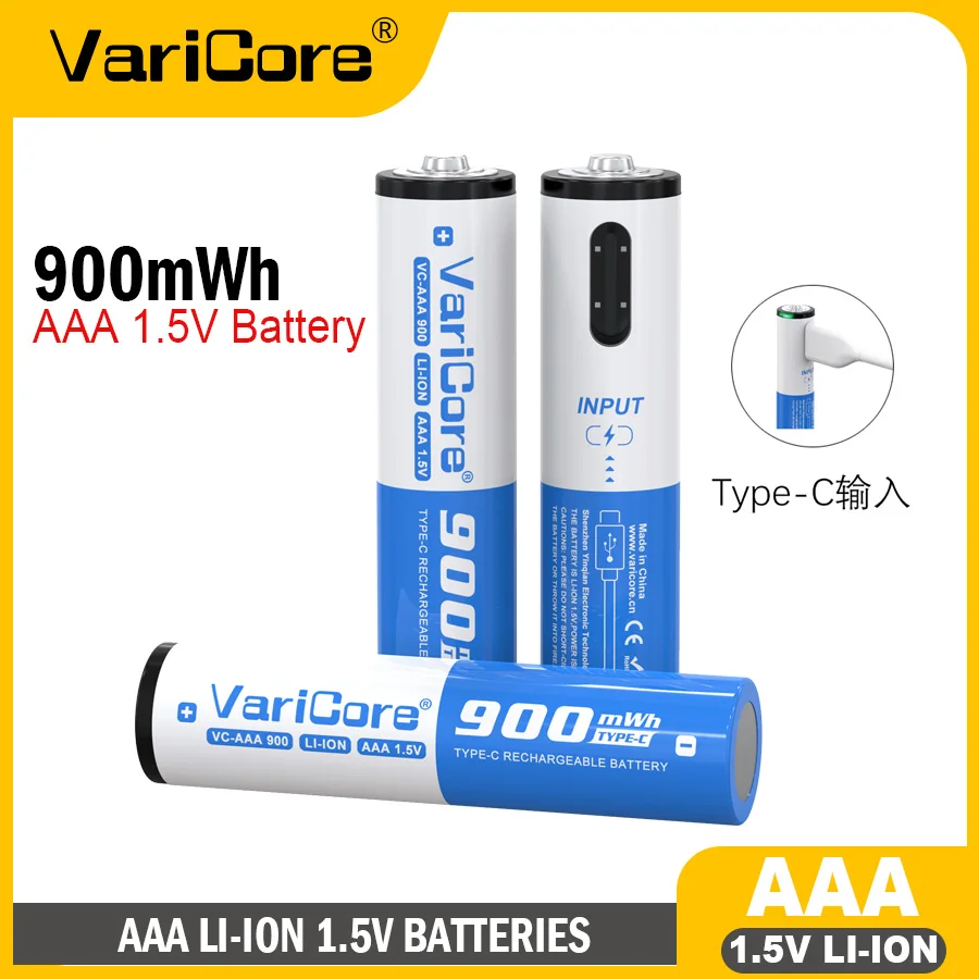 VariCore VC-AAA 리튬 이온 배터리(팁)/USB 유형 C 충전식/내구성/1.5V 전원 공급 장치/전압 배터리/대용량 900mWh