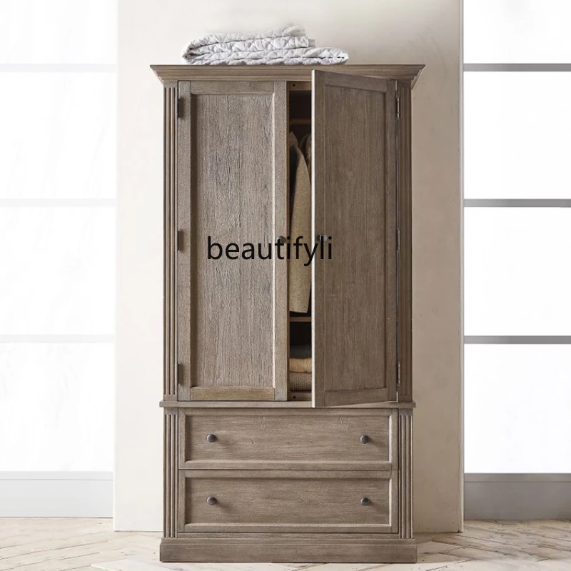 American Country Solid Wood Wardrobe Ash Vintage Distressed Wardrobe Simple Two-Door Bedroom Storage Cabinet