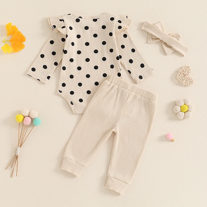 Baby Clothing Girls Fall Outfit Long Sleeve Dots Print Romper with Pants and Bowknot Headband Newborn Clothes Set