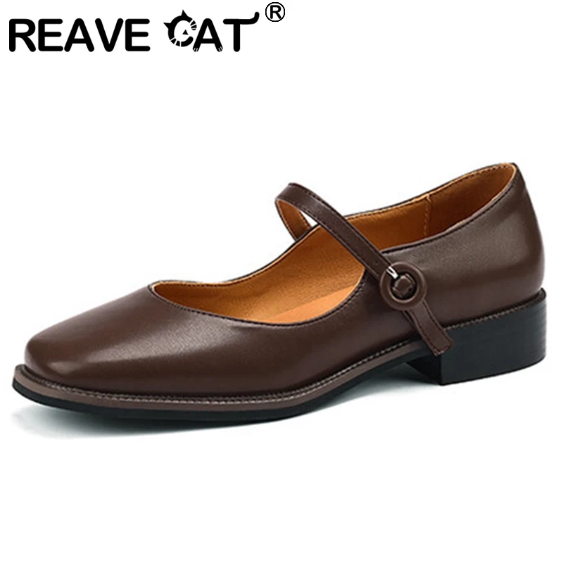 

REAVE CAT 2022 Ladies Shoes Flats Square Toe Buckle Strap Shallow Elegance Large Size 31-43 Solid Black Brown Retro Spring S3427