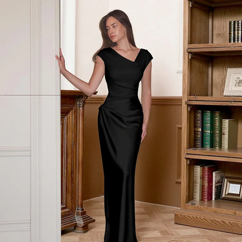 ชุดเดรสยาวผ้าซาตินเย็บต่อกัน ดีไซน์หรูหรา สำหรับสาวๆ สไตล์เซ็กซี่  รุ่น YJ25382DGO ขายดี