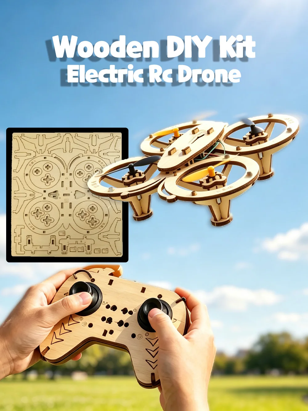 Hölzerner DIY RC-Drohnen-Bausatz, Zusammengebautes Ferngesteuertes Flugspielzeug, Elektrischer Handgefertigter Quadcopter, Ferngesteuertes Flugzeug, Wissenschaftliches Gadget