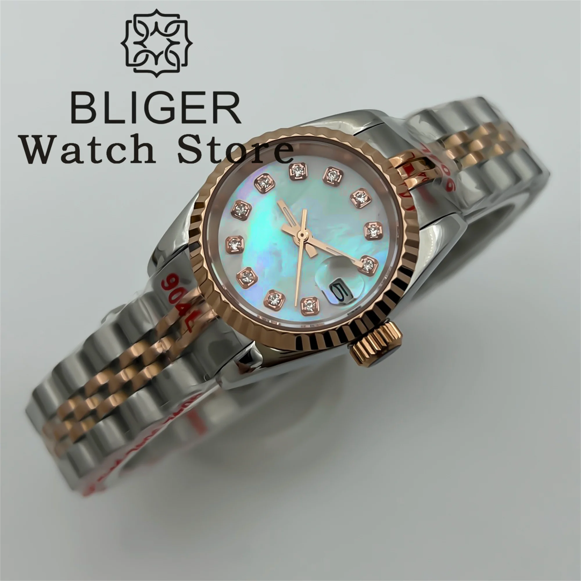 BLIGER 26mm Silver Rose Gold Mechanical นาฬิกาผู้หญิง NH05 การเคลื่อนไหว White Pearl Shell Dial Rose Gold Index วันที่ Sapphire Glass