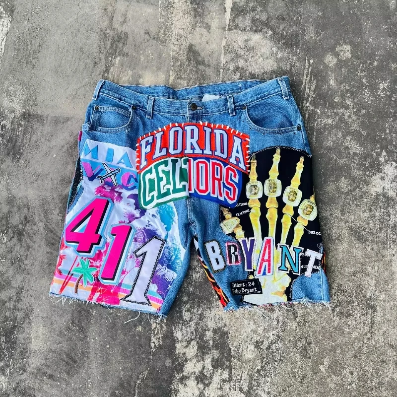 Y2K Streetwear New Fashion Oversized Patch Printed Casual Denim Shorts Women Harajuku Hip Hop Vintage joker Spice Shorts