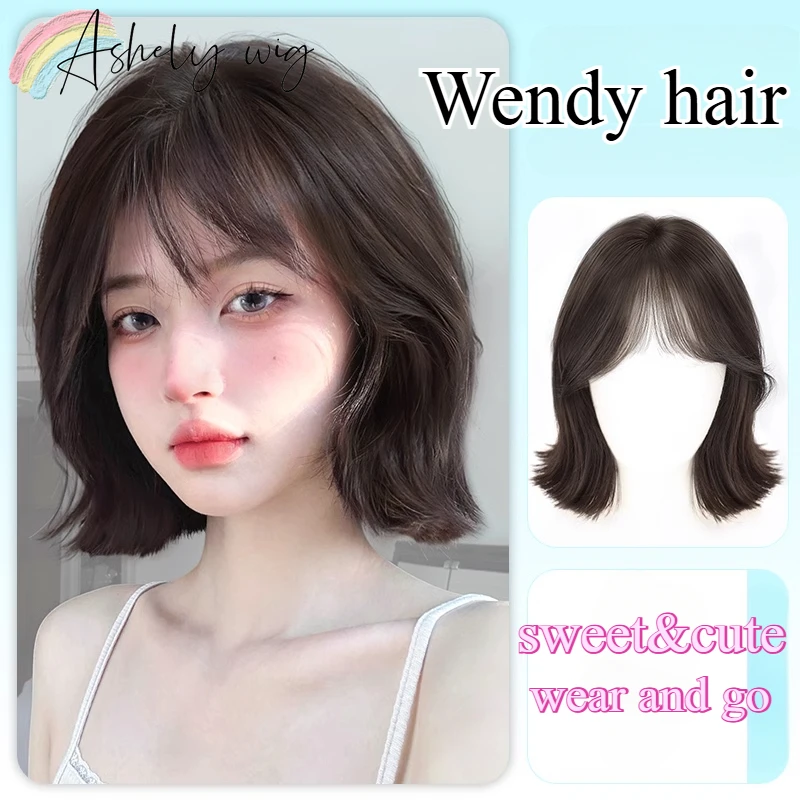 

Black Short Wig Woman Natural Simulation Hair Wendy Short Hair Net Red Age Reduction Collarbone Hair Invisible Whole Wig Set