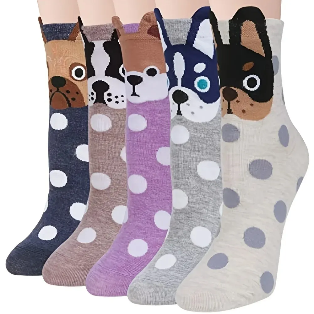 Meias de algodão para mulheres, 4 pares, fofos, cães, novidades, animais, desenhos animados, casual, engraçado, Cristo