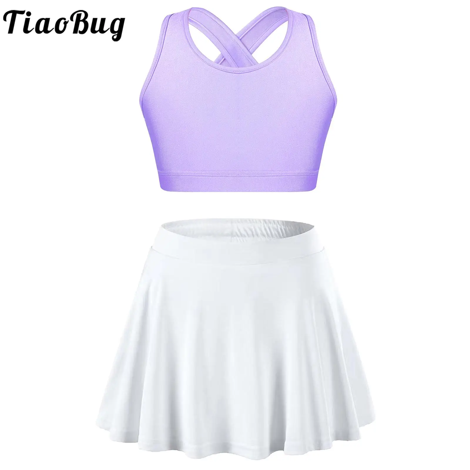 Kids Girls Dance Gymnastics Outfits Sleeveless Shoulder Straps Criss Cross Crop Top with Pleated Skirt for Tennis Sports Workout