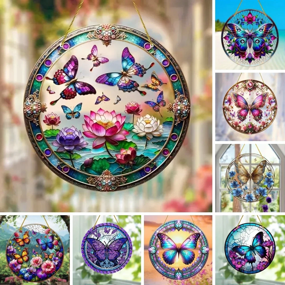 gebeiztes Fenster zum Aufhängen, Acrylschild, Schmetterlings-Sonnenfänger, Winterdekoration, rundes Schild, Kranzschild, Kranzzentrum, Weihnachtsgeschenk