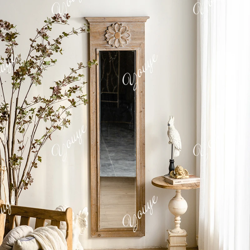 

French retro mirror full-length mirror wall-mounted full-length mirror living room home solid wood old engraved clothing store d