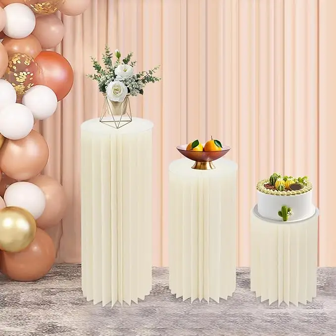 Foldable Paper Columns Display Stand,Cream White Wedding Centerpieces,Cylinder Stand for Engagement Birthday Party Decoration