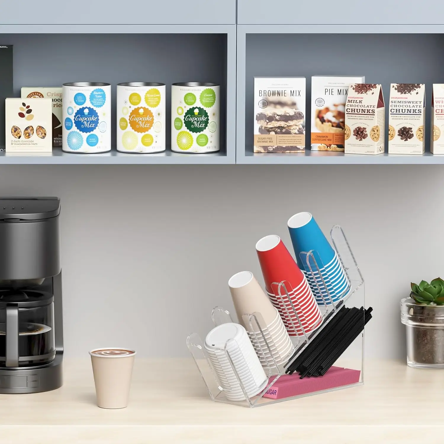 4-Compartment Disposable Cup Holder - Cup and Lid Holder with Straw Organizer Clear Acrylic Cup Dispenser with Coffee Pod Storage for Coffee Station Bar Countertop Restaurant Breakroom