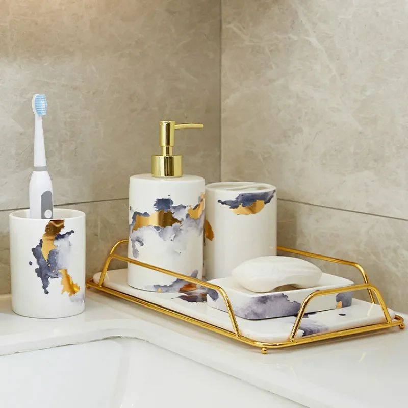 Ceramic Bathroom Accessories Set Soap Dispenser Toothbrush Holder Soap Dish Cotton Swab Aromatherapy Bathroom Supplies