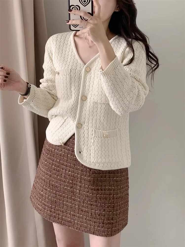 Шикарный осенний винтажный многоэтажный свободный волнистый длинный вязаный свитер V-Ne, женская верхняя одежда, корейский Sle Commute Faion