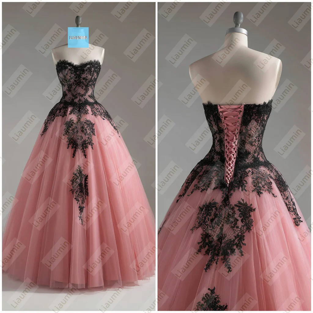 

Pink Tulle and Black Lace Applique Strapless Floor Length Evening Prom Wedding Formal Dress Lace-up Back Customized Made A7-1.47