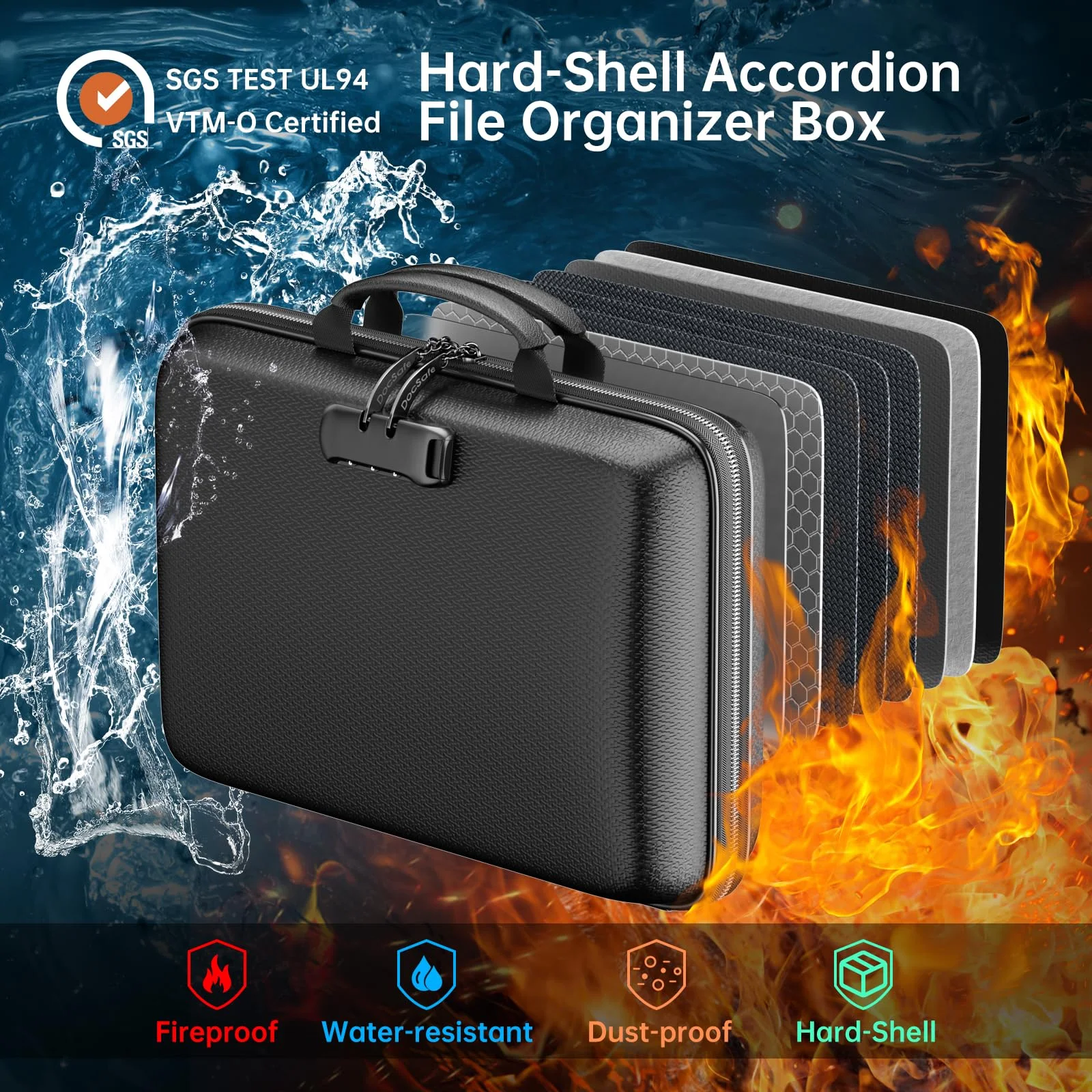 Fireproof File Organizer with Lock Hard-Shell Case 13-Pocket Accordion Folder Portable Document Box for Office And Home Use