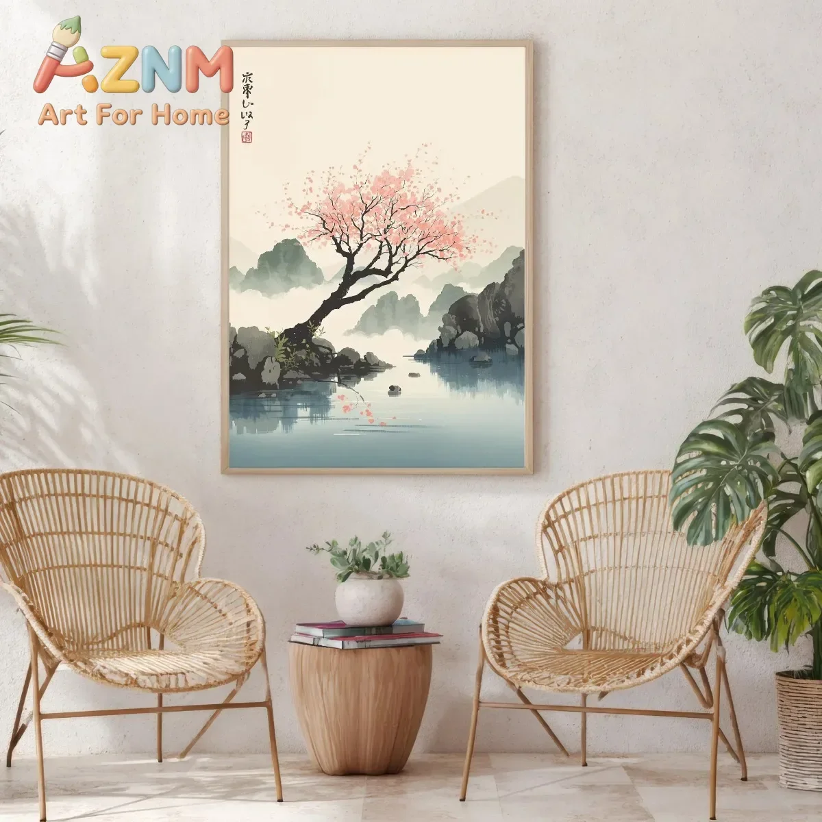 AZNM Japanese Cherry Blossom Mountain Lake Canvas Wall Art Oriental Ink Style Landscape Art Print Unframed Canvas Poster for Hom