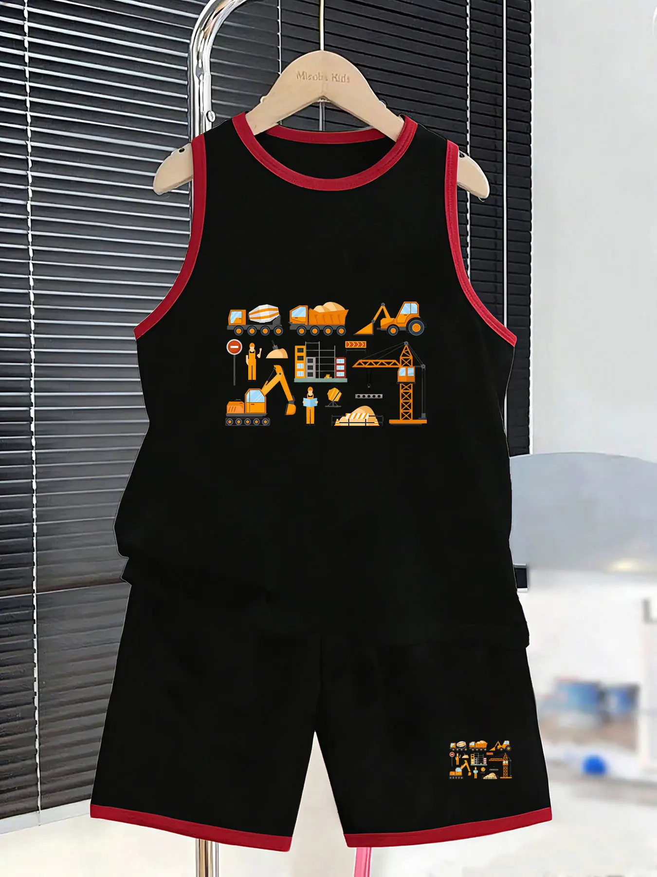 Boys' Construction Fleet Themed Tank Top and Shorts Set, designed specifically for little boys who love machinery. Made of breat